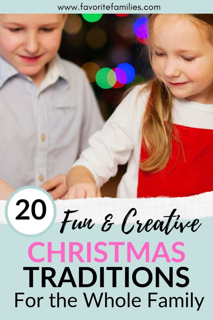 two kids decorating cookies with text overlay 20 fun & creative Christmas Tradition for the Whole Family