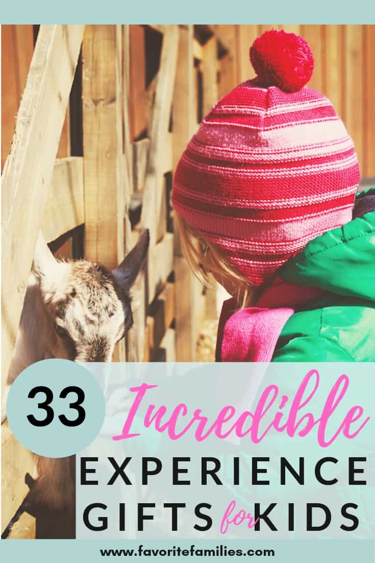 Child at petting zoo with text overlay 33 incredible experience gifts for kids