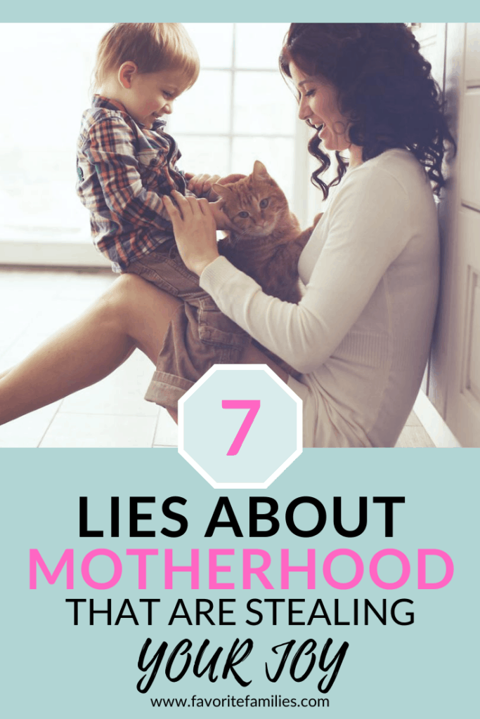 mother on floor playing with toddler with text overlay 7 lies about motherhood